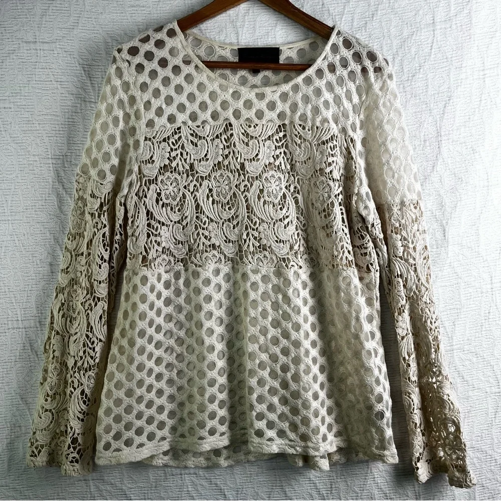 Sunday in Brooklyn Tunic Top Womens Large Crochet Cotton Sheer Lace Cream Shirt